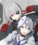  1boy 1girl absurdres bangs blue_necktie blush collar collarbone damaged double_v ear_protection evelyn_(girls&#039;_frontline_nc) eyepatch fur-trimmed_hood fur-trimmed_sleeves fur_trim girls&#039;_frontline_neural_cloud gloves grey_eyes grey_hair headset highres hood jacket long_hair looking_at_viewer magazine_(weapon) mask mask_on_head necktie open_mouth red_eyes red_gloves short_hair simo_(girls&#039;_frontline_nc) smile thumbs_up v viewfinder yanagui 