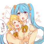  2girls ^_^ aqua_eyes aqua_hair bangs blonde_hair blush bow cardigan closed_eyes collared_shirt hair_bow hair_ornament hair_scrunchie hairclip hatsune_miku heart height_difference hug kagamine_rin long_hair looking_at_another looking_to_the_side medium_hair mimi_mine multiple_girls neck_ribbon open_mouth ribbon school_uniform scrunchie shirt short_hair swept_bangs translation_request twintails very_long_hair vocaloid white_bow white_shirt yellow_cardigan yellow_nails yuri 