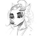  absurd_res anthro bust_portrait canid clothing ears_back eyelashes female hair hi_res long_hair looking_aside mammal monochrome mouth_closed narrowed_eyes pivoted_ears portrait simple_background sketch solo unknowhiter 