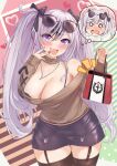  1girl :d azur_lane bag bare_shoulders black_bow black_hair black_skirt black_thighhighs blush bow bra_strap breasts brown_sweater choker cleavage commentary_request cowboy_shot earrings elbe_(azur_lane) fang garter_straps grey_hair hair_bow highres holding holding_bag itaba_atsushi jewelry large_breasts long_hair long_sleeves looking_at_viewer miniskirt multicolored_hair nail_polish necklace off-shoulder_sweater off_shoulder open_mouth purple_eyes purple_nails shopping_bag skirt smile solo standing streaked_hair sweater thighhighs thought_bubble two_side_up very_long_hair 