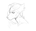  anthro bust_portrait canid ears_back eyelashes female hair long_hair looking_aside mammal monochrome mouth_closed pivoted_ears portrait simple_background sketch solo unknowhiter 