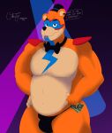  absurd_res animatronic anthro bear brown_body bulge cake_top clothed clothing digital_media_(artwork) erection erection_under_clothing five_nights_at_freddy&#039;s five_nights_at_freddy&#039;s:_security_breach glamrock_freddy_(fnaf) hat headgear headwear hi_res looking_at_viewer machine male male_stripper mammal money_in_underwear musclegut muscular piercing robot scottgames smile solo text thong top_hat underwear 