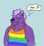  anthro beard bedroom_eyes bodily_fluids canid canine clothing drooling ear_piercing facial_hair fur hair kodi_(spyzslair) lgbt_pride male mammal multicolored_clothing narrowed_eyes piercing pride_colors purple_body purple_fur purple_hair rainbow_clothing saliva seductive shirt slightly_chubby smile solo spyzslair tank_top thought_bubble topwear tuft 