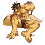  1:1 abs anthro biped black_hair blood bodily_fluids claws hair hi_res horn maiyabuhantang male muscular muscular_anthro muscular_male pecs scalie simple_background solo tail white_background wounded yellow_body 