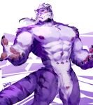  5_fingers anthro balls claws countershade_face countershade_fur countershade_torso countershading felid fingers foreskin fur genitals glans hi_res humanoid_genitalia humanoid_penis male mammal muscular muscular_anthro muscular_male nipples nude pantherine pawpads pecs penis purple_body purple_fur sadiend solo striped_body striped_fur stripes tail tiger zong_wumi 