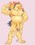  abs absurd_res balls casual_nudity feet flaccid flexing flexing_bicep generation_2_pokemon genitals hi_res itsdhani male manly muscular muscular_male navel nintendo nipples nude pecs penis pokemon pokemon_(species) quads simple_background solo solo_focus typhlosion 