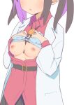  1girl belt blue_bra bra bra_lift breasts breasts_out coat head_out_of_frame highres labcoat long_hair medium_breasts morisobo nipples onii-chan_wa_oshimai! open_clothes open_shirt oyama_mihari purple_hair red_shirt shirt simple_background solo underwear white_background white_coat 