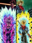  2boys absurdres aura bandana black_eyes black_hair blank_eyes blonde_hair building clenched_teeth commentary_request dragon_ball dragon_ball_super dragon_ball_super_super_hero electricity frown gohan_beast green_eyes grey_hair highres hiro_(udkod1ezlyi2flo) male_focus multiple_boys muscular muscular_male pants red_bandana red_eyes serious sheath sheathed son_gohan super_saiyan super_saiyan_1 super_saiyan_rage sword teeth torn_clothes torn_pants trunks_(dragon_ball) trunks_(future)_(dragon_ball) weapon 