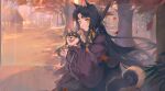  1girl animal animal_ears arknights autumn autumn_leaves bangs beads black_hair closed_mouth cowboy_shot dog dog_ears dog_girl facial_mark falling_leaves forehead_mark highres holding holding_animal holding_dog house japanese_clothes kimono leaf long_hair long_sleeves parted_bangs prayer_beads purple_kimono saga_(arknights) shiba_inu solo taoer. tree very_long_hair wind_chime yellow_eyes 