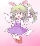  1girl 216 animal_ears blue_dress blush brown_footwear daiyousei dress fairy fairy_wings green_eyes green_hair highres jumping open_mouth pink_background rabbit_ears ribbon side_ponytail smile solo touhou white_ribbon wings 