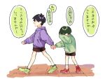  2boys aged_down black_hair black_shorts blue_lock child commentary_request covering_face full_body green_footwear green_hair green_shirt holding_hands hood hood_down hoodie isagi_yoichi itoshi_rin long_sleeves male_child male_focus multiple_boys open_mouth purple_eyes purple_hoodie red_footwear shirt shoes short_hair shorts simple_background sneakers socks speech_bubble standing tanakame_n translation_request walking white_background white_socks 