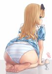  1girl alice_(alice_in_wonderland) alice_in_wonderland aoi_kumiko ass barefoot blonde_hair blue_dress blue_eyes bow clothes_lift commentary_request dress dress_lift egg feet from_behind hair_bow highres long_hair looking_back panties ribbon short_sleeves simple_background sitting soles solo striped striped_panties thighs toes underwear white_background 