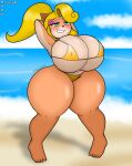  activision anthro bandicoot beach big_breasts bikini blonde_hair blush breasts camael30 clothing coco_bandicoot crash_bandicoot_(series) female green_eyes hair hands_behind_head hi_res huge_breasts huge_hips huge_thighs mammal marsupial multicolored_body nipple_outline seaside smile solo swimwear thick_thighs two_tone_body wide_hips 