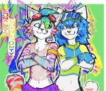  anthro blue_eyes blue_hair blush blush_lines bottomwear claws clothing colorful colorful_background crossed_arms duo emoticon_(renard) eyewear eyewear_on_head fangs female fur green_nose grey_nose hair hi_res lapfox_trax male multicolored_hair multicolored_tail navel net pants piercing rave rotteen sketch smile smiling_at_each_other standing tail teeth toofbit white_body white_fur wristband 
