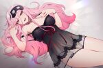  1girl artist_name black_nightgown fingernails highres hololive hololive_english lingerie long_hair looking_at_viewer lying mori_calliope nail_polish nanoless nightgown on_back open_mouth pink_eyes pink_hair pink_nails solo teeth thighs underwear upper_teeth_only virtual_youtuber 