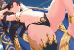  1girl anklet aoi_nori_(aoicoblue) armlet armpits arms_up ass black_hair black_panties blue_sky breasts cloud commentary_request day earrings fate/grand_order fate_(series) hoop_earrings ishtar_(fate) jewelry knee_up long_hair looking_at_viewer navel outdoors panties red_eyes single_thighhigh sky small_breasts smile solo thighhighs underwear 