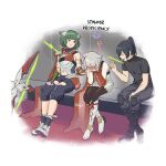  1boy 1girl 1other animal_ears arm_guards arrow_(projectile) arrow_in_body black_hair bleeding blood blush boots bow_(weapon) cat_ears clothing_cutout covering_face eating fikkyun green_hair grey_hair highres juniper_(xenoblade) mio_(xenoblade) navel_cutout noah_(xenoblade) official_alternate_costume pantyhose potato sitting skirt weapon xenoblade_chronicles_(series) xenoblade_chronicles_3 