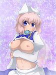  blue_eyes breast_hold breast_lift breasts condom condom_in_mouth hat large_breasts letty_whiterock mouth_hold navel netachou nipples pink_hair shirt_lift short_hair solo touhou 