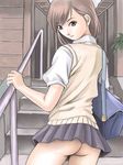  ass bad_id bad_pixiv_id bag brown_eyes brown_hair looking_back miniskirt misaka_mikoto no_panties railing school_bag school_uniform short_hair skirt solo stairs sweater_vest to_aru_kagaku_no_railgun to_aru_majutsu_no_index zinmasin 