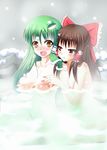  bad_id bad_pixiv_id blush bow breast_envy breast_grab breasts brown_hair frog grabbing green_hair hair_bow hair_ornament hakurei_reimu highres kochiya_sanae large_breasts long_hair multiple_girls nipples nude onsen outdoors red_eyes second_heaven snake snow surprised touhou yellow_eyes yuri 