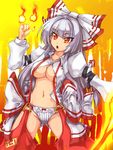  :o adapted_costume arm_garter bangs blunt_bangs bow breasts chaps cleavage collarbone crotchless_clothes fiery_background fire flame fujiwara_no_mokou groin hair_bow hair_ribbon highres large_bow large_breasts long_hair looking_at_viewer navel no_bra open_clothes open_shirt panties pants puffy_sleeves red_eyes revealing_clothes ribbon sentarou shirt silver_hair solo spread_legs standing straight_hair suspenders touhou tsurime unbuttoned underboob underwear v-shaped_eyebrows very_long_hair white_panties 