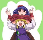  blonde_hair breast_rest breasts breasts_on_head frog hair_ornament huge_breasts leaf_hair_ornament moriya_suwako multiple_girls nipples purple_hair red_eyes short_hair sweater touhou usagi_niku yasaka_kanako 