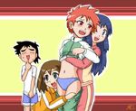  3girls ;d bangs black_hair blue_eyes blue_hair blue_panties blush breasts brown_hair closed_eyes covering covering_crotch d: eye_contact finger_to_mouth furrowed_eyebrows gouguru green_jacket green_pants gym_shirt gym_shorts haruka_(pokemon) hikari_(pokemon) jacket jacket_lift jpeg_artifacts lifted_by_another long_hair long_sleeves looking_at_another medium_hair multiple_girls no_hat no_headwear no_nose nozomi_(pokemon) one_eye_closed open_mouth panties pants panty_pull pink_track_suit pokemon pokemon_(anime) pokemon_dp_(anime) raglan_sleeves red_eyes red_hair satoshi_(pokemon) shirt shirt_tug short_hair shorts sidelocks smile source_request spiked_hair thick_eyebrows track_jacket track_pants track_suit underwear undressing very_short_hair yuri 