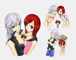  ? artist_request bikini blue_eyes breast_press breasts brown_hair cleavage confused crossover dragon_ball dragon_ball_(object) dragonball_(object) female genderswap girl green_eyes kairi kingdom_hearts lingerie panties red_hair riku side-tie_panties sora_(kingdom_hearts) swimsuit symmetrical_docking underwear white_hair 