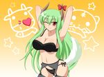  arms_up black_bra black_legwear black_panties bow bow_bra bow_panties bra breasts buri_hamachi cleavage ex-keine garter_belt green_hair heart horns john_(nakoto) kamishirasawa_keine large_breasts lingerie long_hair one_eye_closed panties red_eyes side-tie_panties smile solo tail thighhighs thighs touhou underwear underwear_only wide_hips 