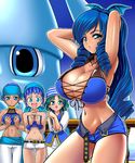  beach belt blue_eyes blue_hair breasts bustier character_request day drill_hair front-tie_top huge_breasts midriff multiple_girls pirate ponytail santoo_takeshi short_shorts shorts squid umi_monogatari unzipped warin 