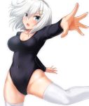  1girl alternate_costume alternate_legwear ballet black_leotard blue_eyes blush breasts cleavage collarbone eyes_visible_through_hair groin hair_between_eyes hair_ornament hairclip hamakaze_(kantai_collection) highleg indoors kantai_collection leotard lips long_sleeves looking_at_viewer medium_breasts open_mouth reaching_out short_hair silver_hair simple_background solo thighhighs thighs upper_body white_background white_legwear zanntetu 