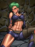  .hack//roots 1girl abs accessory_tan against_wall armor bang-you blush breasts cameltoe cleavage clenched_teeth covered_nipples dark_skin earrings ender_(.hack//) facial_mark forehead_mark green_hair jewelry large_breasts lipstick makeup midriff multicolored_hair muscle navel orange_eyes ribs shiny shiny_clothes shiny_skin short_hair sitting solo spread_legs sweat tan tanline teeth toned two-tone_hair white_hair 