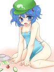  accident apron blue_eyes blue_hair blush food hat kawashiro_nitori kotomi_(happy_colors) naked_apron nude salad short_hair sitting solo tears touhou twintails two_side_up wariza 