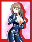  bad_id bad_pixiv_id breasts brown_hair cleavage earrings gloves highres huge_breasts jewelry kanai_makoto_(kanaman7) lupin_iii mine_fujiko shadow skin_tight solo 