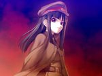  belt black_hair cloud flat_chest game_cg hanachirasu hat ishima_kaigen long_hair military military_uniform night night_sky non-web_source oosaki_shin'ya outdoors peaked_cap red_eyes ringed_eyes sky solo uniform 