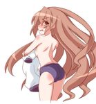  aisaka_taiga ass blush brown_eyes brown_hair buruma gym_uniform long_hair looking_back no_bra solo soratobu_zippo topless toradora! undressing 