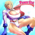  belt blue_footwear boots breasts cape cleavage cleavage_cutout dc_comics gloves huge_breasts leotard lips murata power_girl short_hair solo 