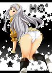  ass beyond_the_nobles blush boots gloves hairband idolmaster idolmaster_(classic) long_hair looking_back nishi_(count2.4) panties red_eyes shijou_takane silver_hair skirt solo star underwear 