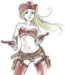  belt blonde_hair bra breasts bullet bustier chaps cleavage copyright_request cowboy_hat cowboy_shot dual_wielding gun handgun hat holding holster lingerie lips long_hair maruyama medium_breasts panties revolver shiny shiny_skin simple_background solo thigh_gap underwear weapon western 