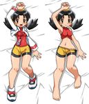  barefoot bike_shorts covered_nipples crystal_(pokemon) dakimakura earrings hun jewelry lowres lying midriff multiple_views no_bra no_panties open_mouth pokegear pokemon pokemon_special smile star star_earrings undressing 