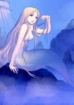  arm_support arm_up blonde_hair blue_background blue_eyes breasts from_side futaba_jun long_hair looking_at_hand medium_breasts mermaid monster_girl nipples nude open_mouth original rock scales shipwreck sitting solo underwater very_long_hair 