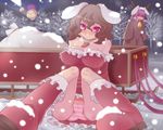  animal_ears boots breasts brown_hair bunny_ears christmas inaba_tewi large_breasts long_hair multiple_girls older panties purple_hair red_eyes reisen_udongein_inaba short_hair snow soratobu_zippo striped striped_panties touhou underwear yagokoro 