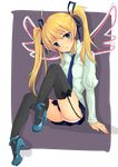  bad_id bad_pixiv_id blonde_hair garter_straps green_eyes high_heels legs long_hair miniskirt necktie original panda_dorian panties pantyshot school_uniform shoes skirt solo thighhighs twintails underwear wings 