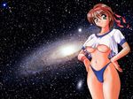  blue_panties breasts brown_hair crop_top green_eyes gym_uniform hairband hands_on_hips large_breasts midriff navel no_bra okamoto_fujio panties short_hair solo space star underboob underwear wallpaper wristband 