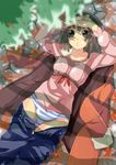  bakemonogatari brown_eyes brown_hair date_(senpen) leaf lying monogatari_(series) panties pants_pull sengoku_nadeko short_hair solo striped striped_panties underwear 