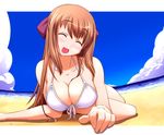  beach bikini blush breasts brown_hair cleavage closed_eyes cloud day half_updo hanamaru_youchien large_breasts long_hair lying matatabi_(2ccp) ocean outdoors ribbon sky smile solo swimsuit water yamamoto_nanako 