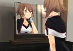  1girl annin_musou brown_hair capelet commentary gloves green_eyes hand_on_own_face indoors kantai_collection looking_at_mirror mirror mutsu_(kantai_collection) no_headgear reflection remodel_(kantai_collection) short_hair sitting smile solo upper_body white_gloves 