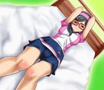  arms_up bed black_hair blush dutch_angle glasses hairband hajime_(caramel_toone) hiroo_megumi jewelpet jewelpet_(series) knees lying on_back red-framed_eyewear shirt shorts solo t-shirt 