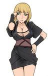  1girl blonde_hair breasts cleavage colored female fishnet_across_breasts fishnet_top fishnets green_eyes large_breasts naruto naruto_shippuuden nekomata_naomi photoshop samui short_hair simple_background solo white_background 