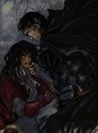  1girl armor artist_request berserk black_hair blood casca couple gloves guts hand_wraps hetero long_hair short_hair tan tears touching 